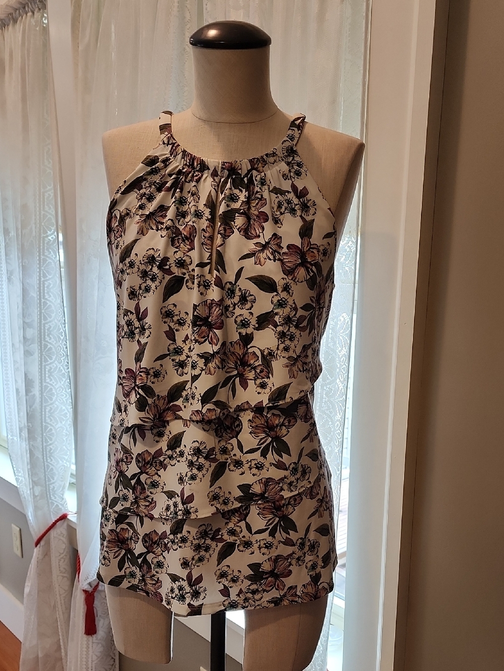 White House Black Market Cream Floral Halter Top with Pink & Green Accents